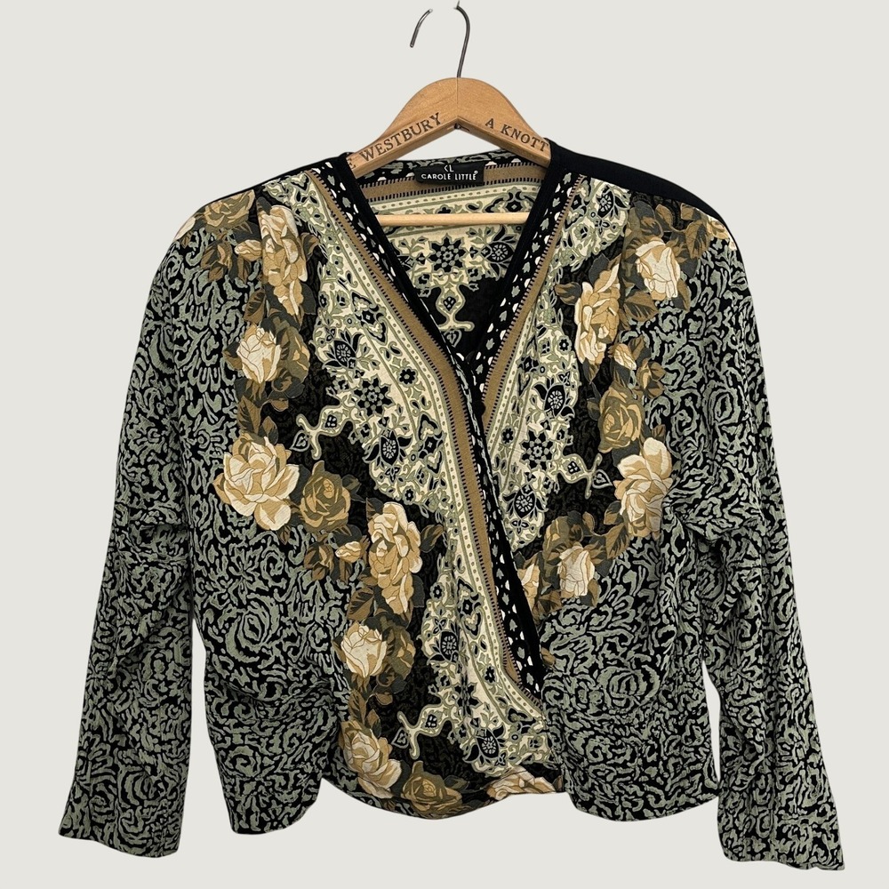 Carole Little Womens L Floral Paisley Surplice Wrap Front Blouse Green Black